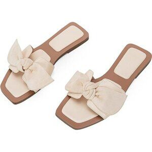 Womens Square Open Toe Slide Sandals Bow Slip On Summer Flats Faux Suede